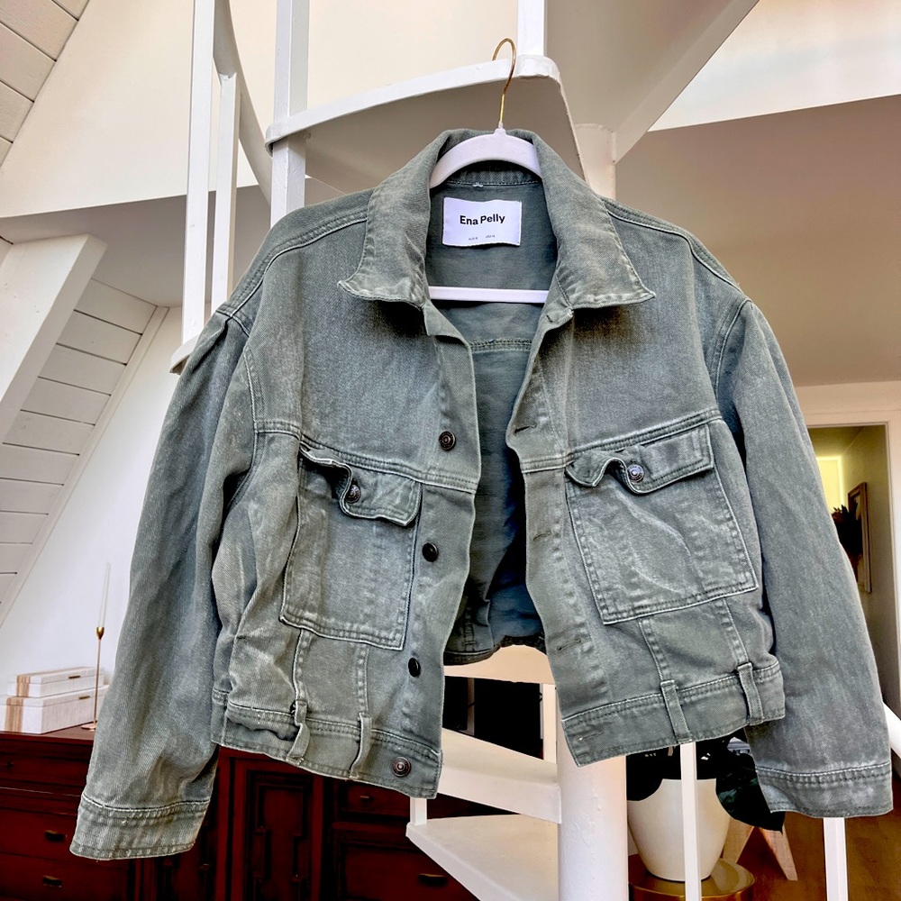 Cropped sage green denim utility jacket from Anthropologie (like new)!